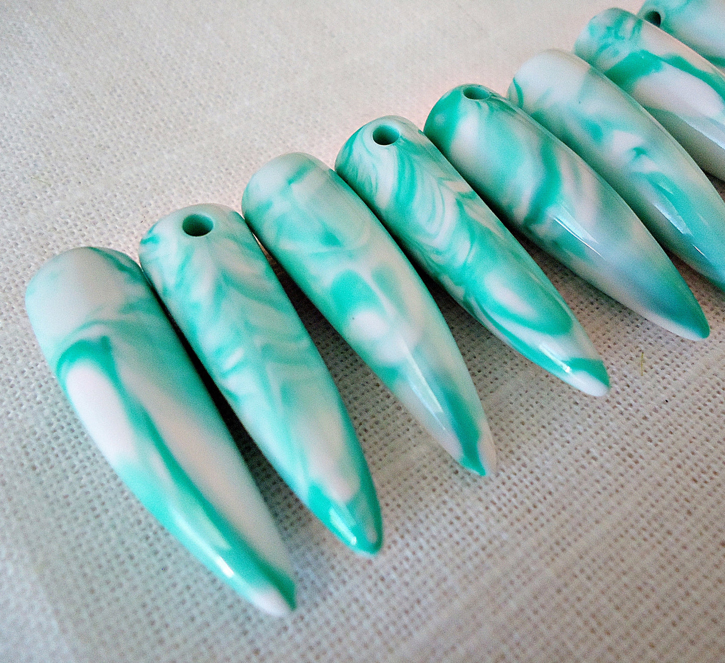 20 Marbled Tusk Beads, Acrylic, White and Turquoise, Side drilled, 1.25" Long x 10mm Wide