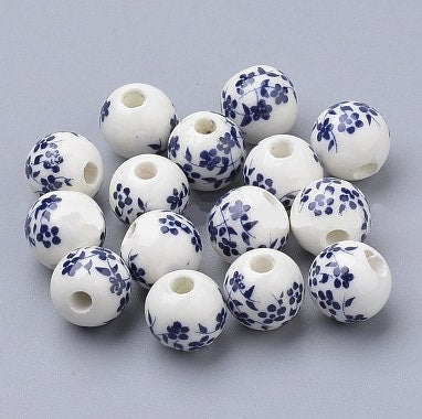 Porcelain Beads - 8mm Round - White Beads with Blue, Purple, Black, or Red Flowers, Set of 10