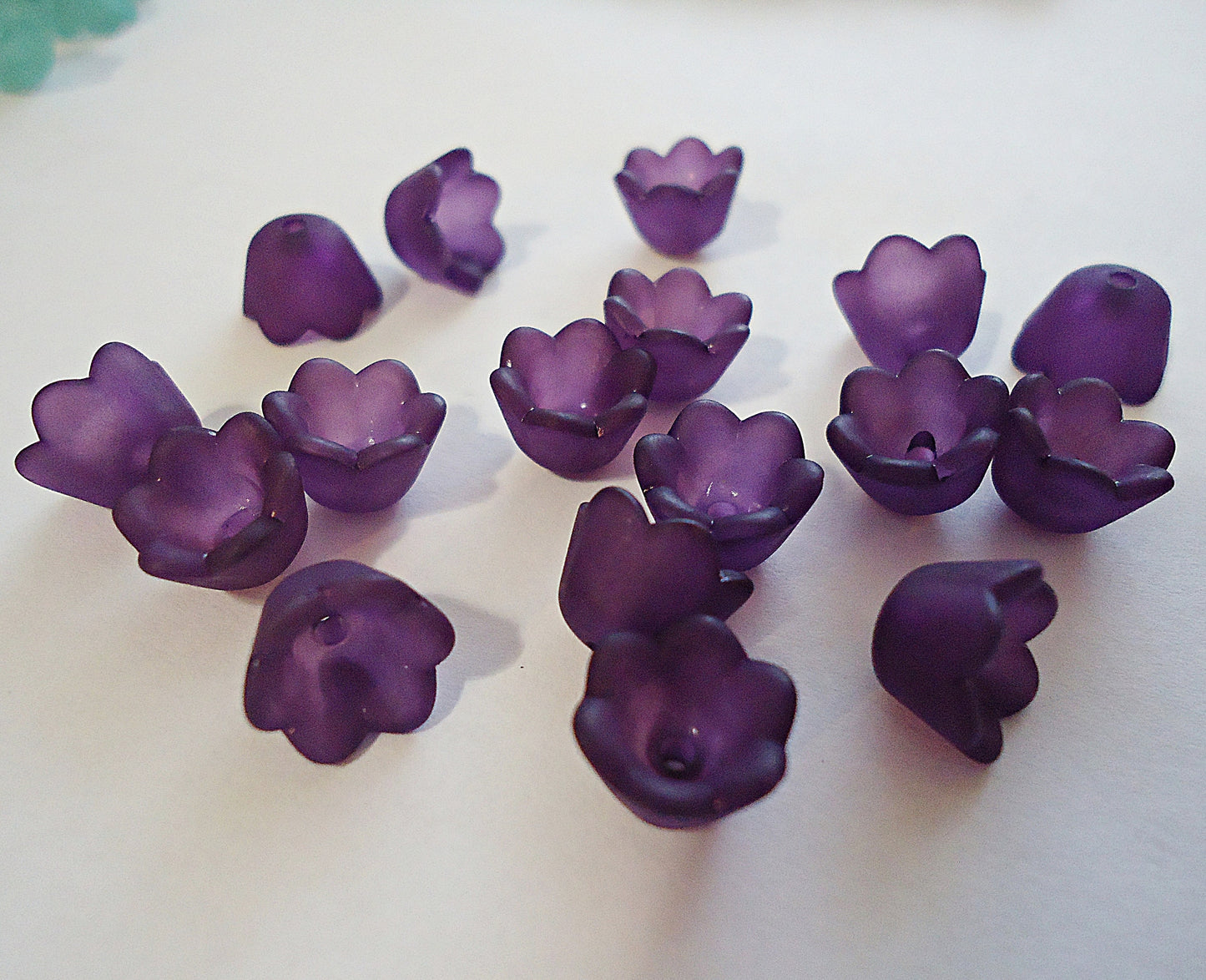 Frosted Acrylic Flower Bead Caps, 10x6mm, Sea Foam Green, Blue, Purple, Magenta Pink, White, Brown, Lily of the Valley, Tulip, Set of 50