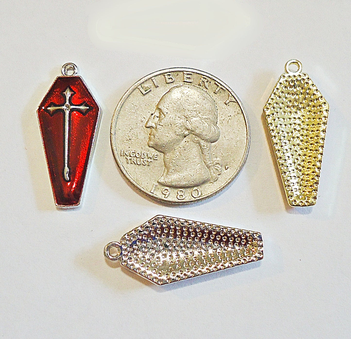 Coffin Charms / Pendants, Enameled Red and Silver or Gold, 26mm Tall, Halloween Theme, Set of 5