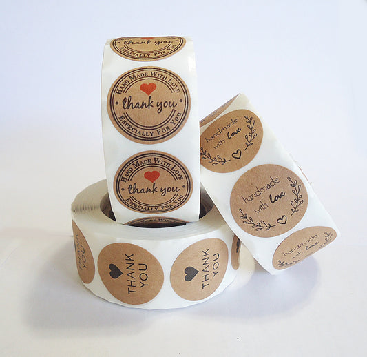 500 Stickers, 1 Inch Wide, Thank You, Handmade with Love, Especially For You, Kraft Brown, Packaging, Labels