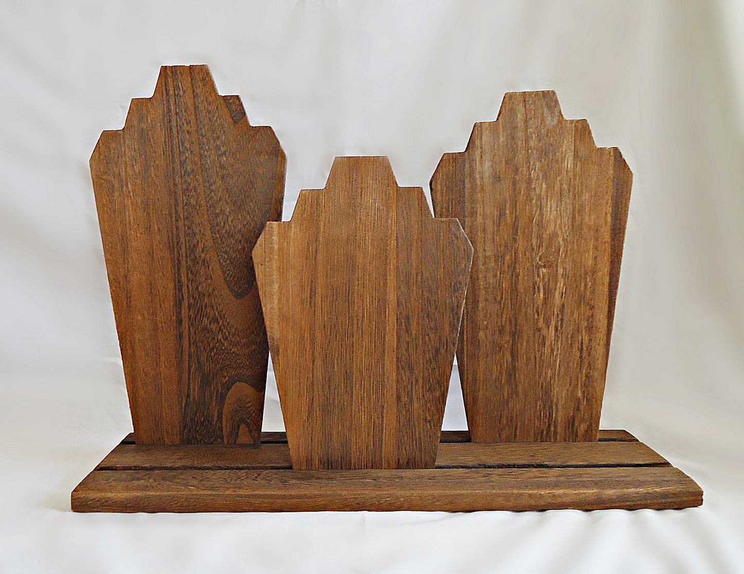 Set of 3 Wooden Necklace Displays with Base Board - 17" Wide, 12" Tall, 11" Tall, 9" Tall, Brown Finish, White Flower Stencil