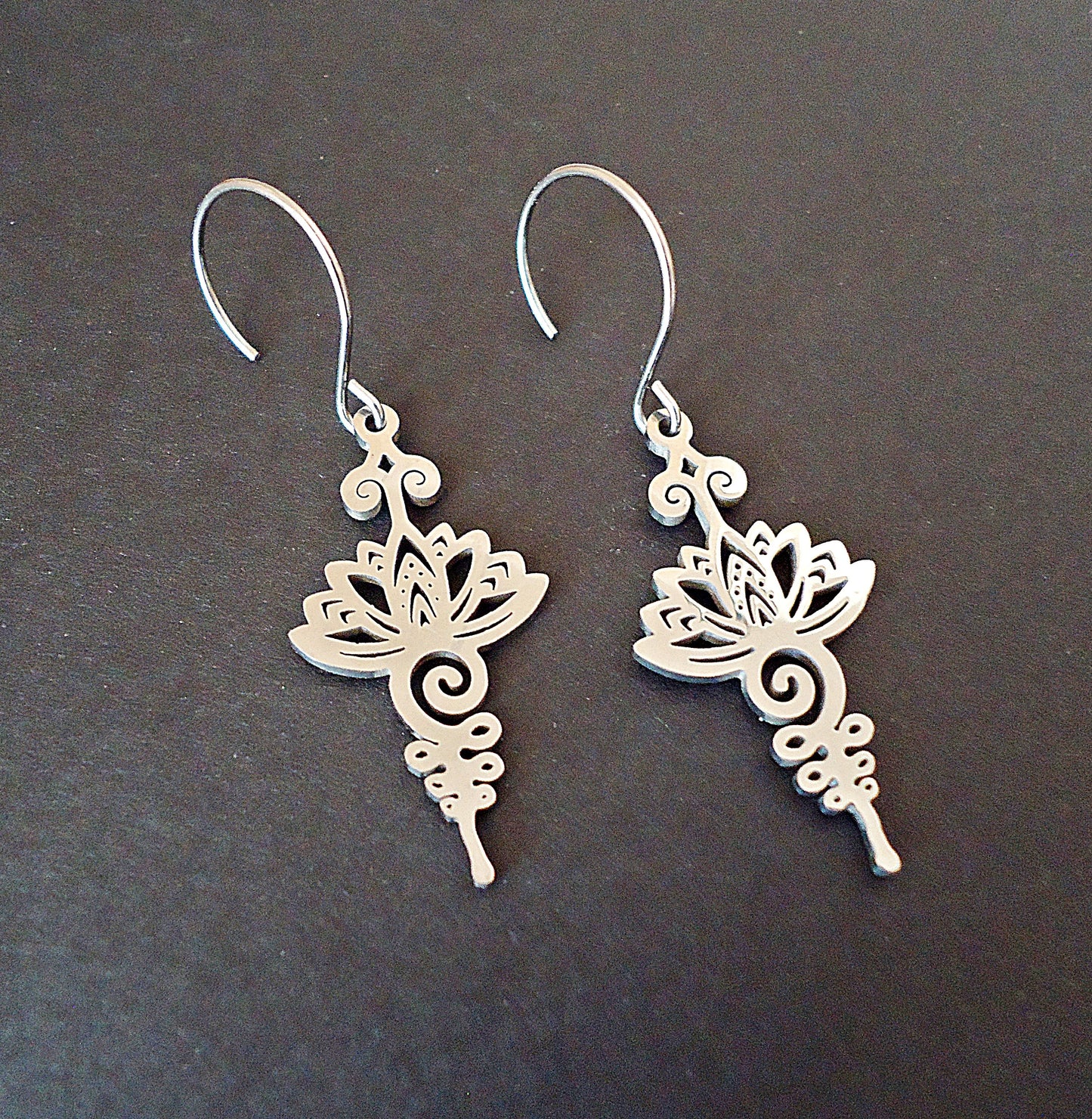 Stainless Steel Pendant, Focal Component, Long Lotus Flower, Boho, 1 3/8" Long, Silver, Hypoallergenic, Non-Tarnishing, Unalome