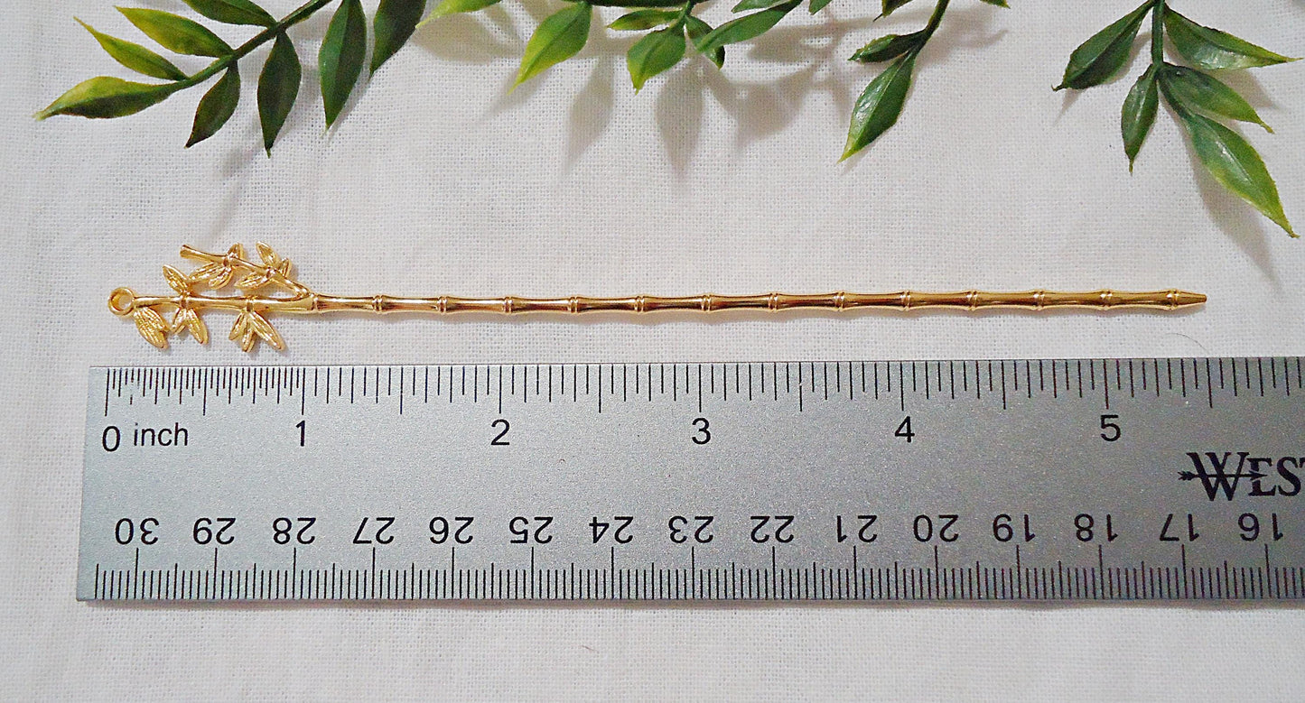 Bamboo Stem and Leaves Metal Hair Stick Blanks, 5.5 Inches Long, Bright Silver or Gold, Loop on Top for adding embellishments