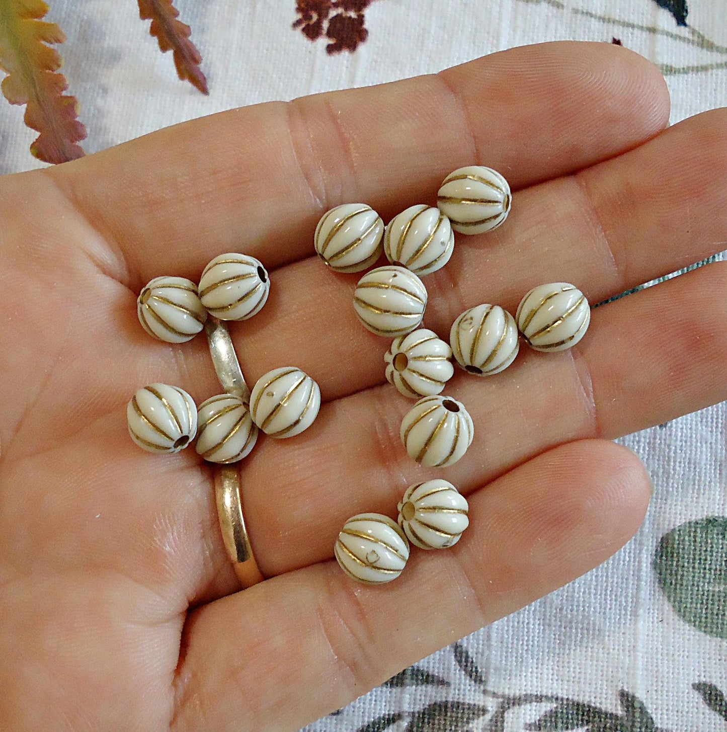 Fluted Beads, 7.5mm, Off-white and gold laced, Acrylic Pumpkins, Bulk Quantities