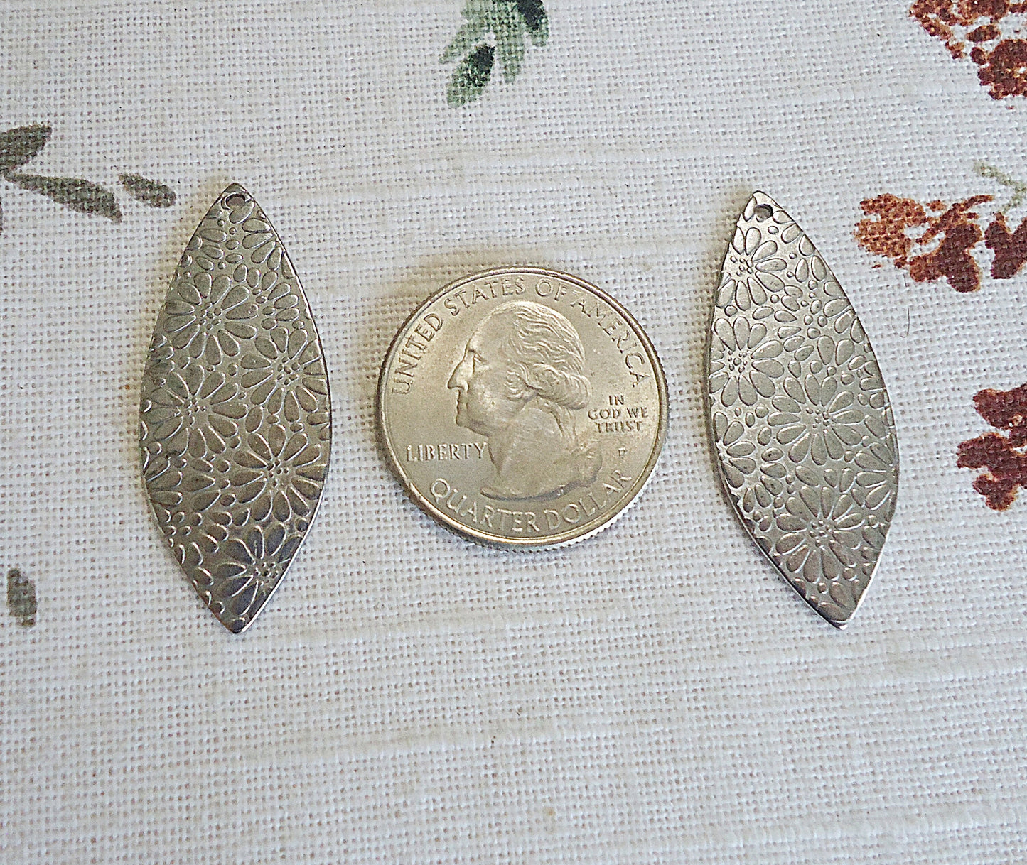 Stainless Steel Marquise Drops, 1.5 " Tall x 5/8" Wide, Stamped Floral Design, Pendant, Silver, Set of 2