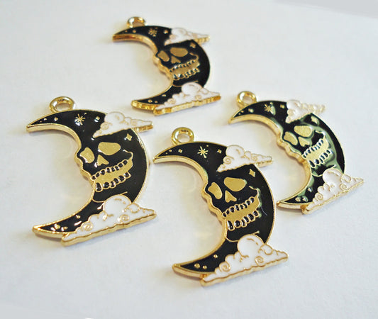 Skeleton in the Moon Pendants, Enameled, Black and Gold, 1" Tall, Halloween Charms