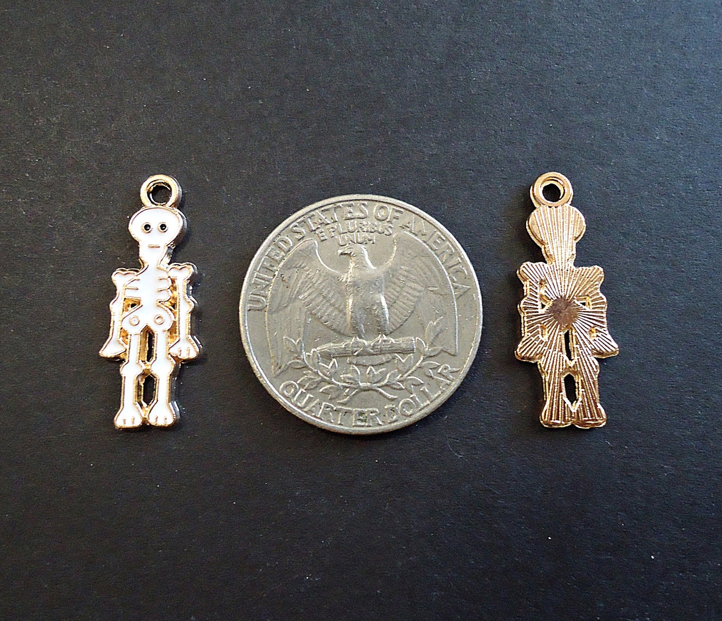 Skeleton Charms, Gold and Enameled White, One inch Tall, Set of 10