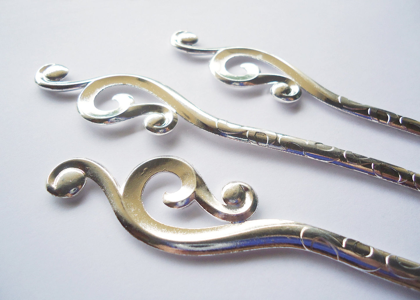 Metal Hair Sticks with Large Swirls - Bright Silver - 6.25" Long