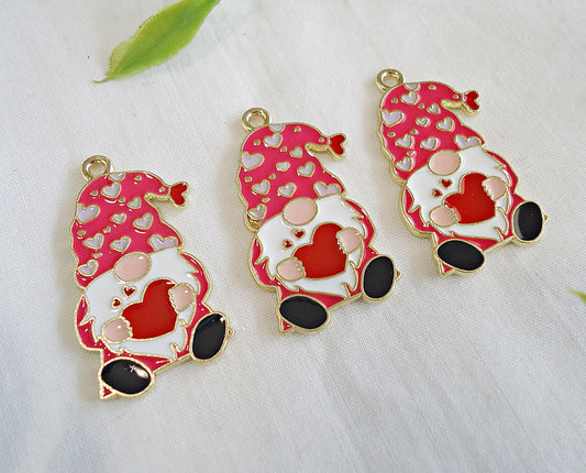 Valentines Day Gnome Charms, Red and Pink Heart Love Gnome Pendants, 1 1/8" Tall