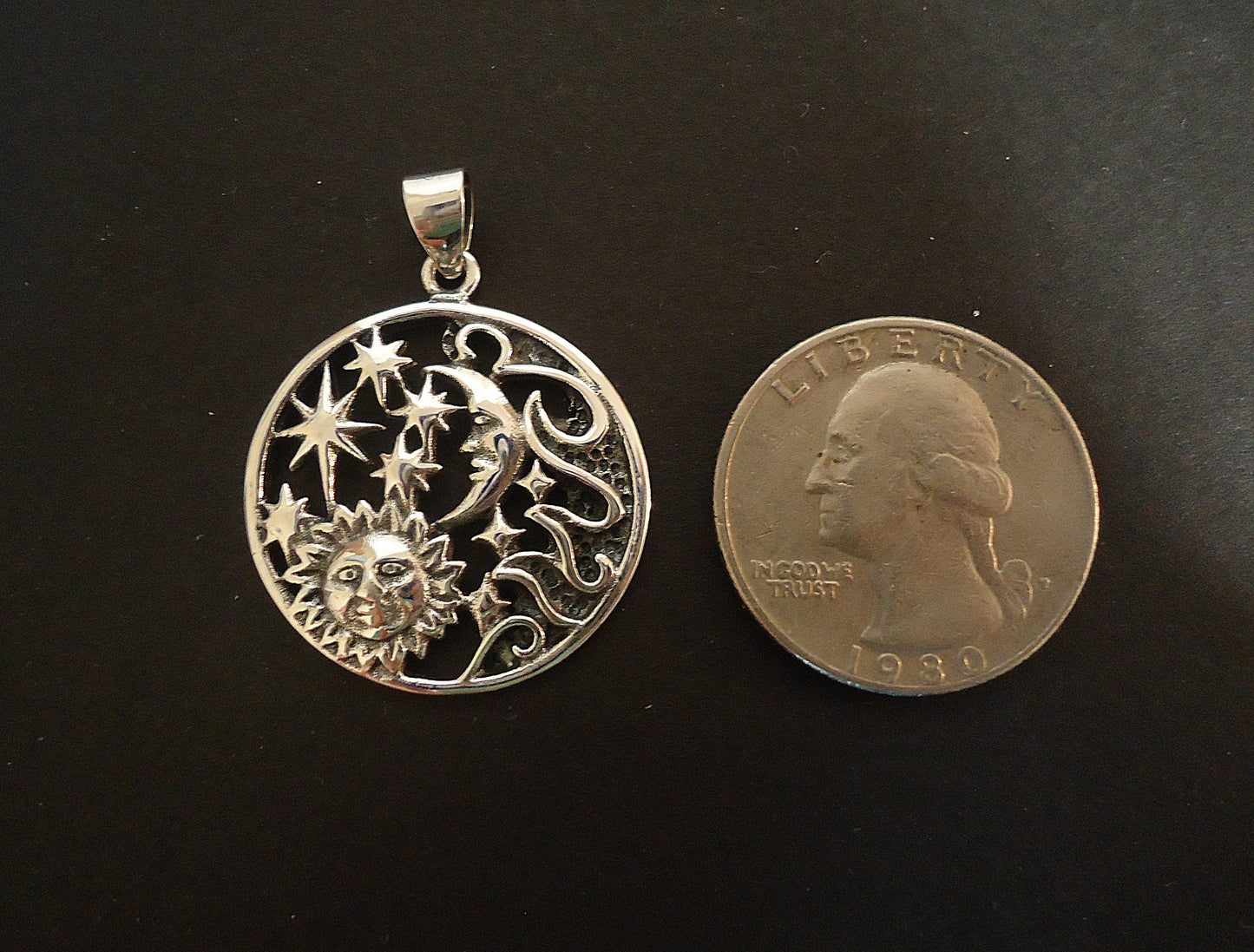 Sterling Silver Earth Elements Pendant, 1 inch Wide (26mm), Sun Moon Stars Wind Sky