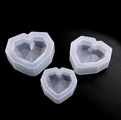 Silicone Molds for Epoxy Resin Crafts, Faceted Hearts, 3 Sizes: 64mm, 55mm, 42mm, Paperweights, Jewels, Baubles