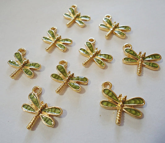 Small Dragonfly Charms, Gold and Enameled Green, 15mm, Set of 10