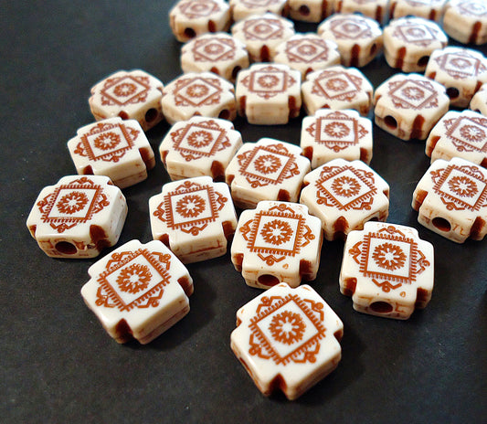 Square Cross Beads, Creamy White and Desert Brown, Acrylic, 10x10x5mm Square, Set of 25