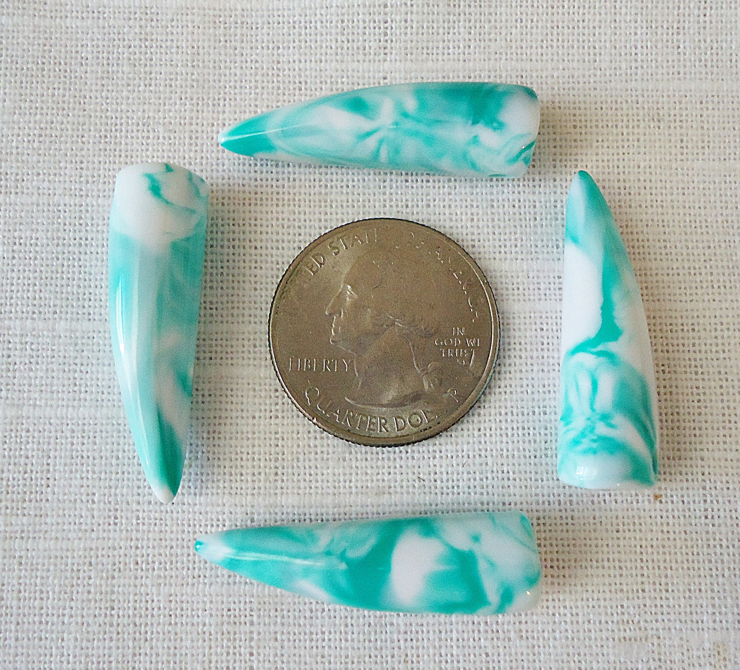 20 Marbled Tusk Beads, Acrylic, White and Turquoise, Side drilled, 1.25" Long x 10mm Wide