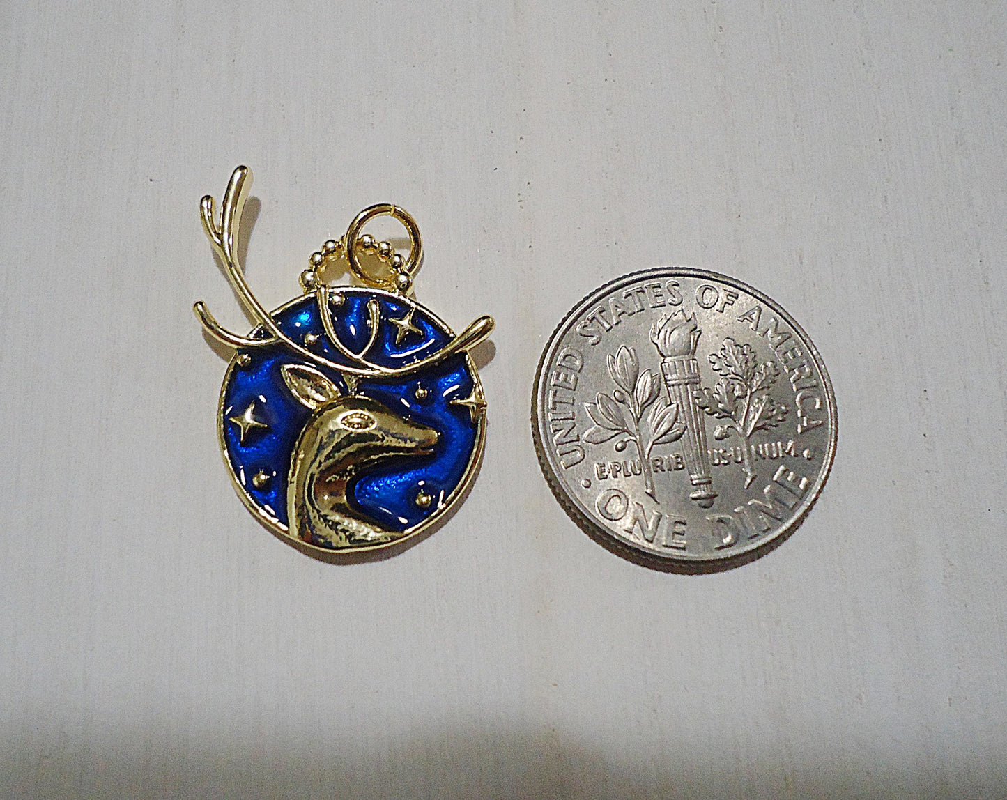 Reindeer Enameled Pendant, Dark Blue and Gold, Christmas Charm pendant, 18K Gold Plated Brass Charm, Small Christmas Charm