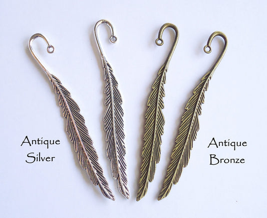 Metal Feather Bookmarks - 4.5" Long - Antique Silver or Antique Bronze - Set of 3