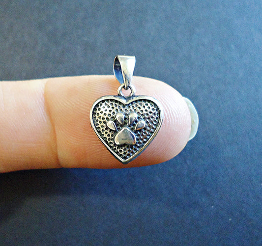 Small Sterling Silver Paw Print Heart Pendant - 11.5mm Tall, Soldered Bail