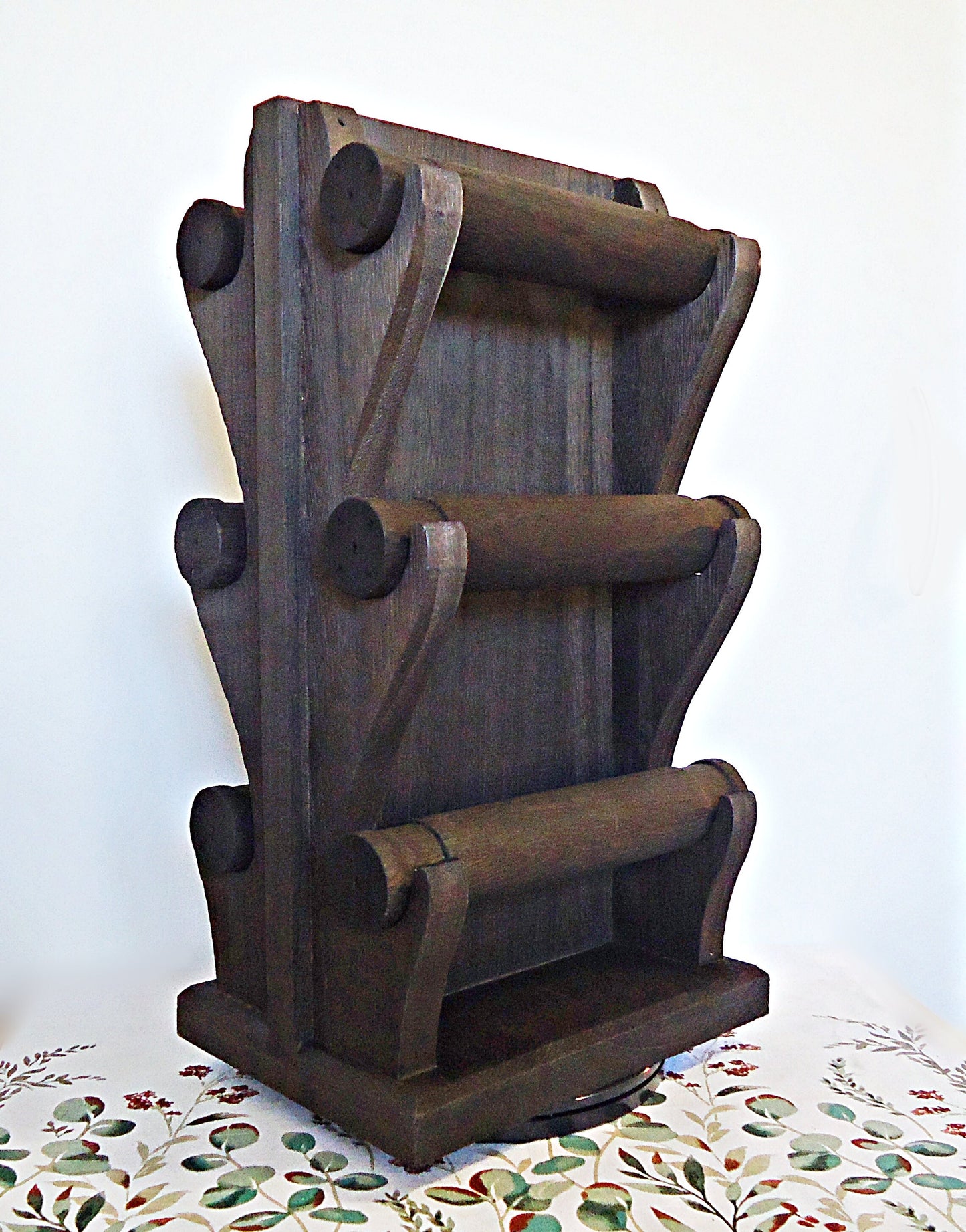 Wooden Bracelet Organizer Display, 6 Bars, Rotating, Brown, Dark Brown, or Black, Large, Double Sided, Stenciled White Vines