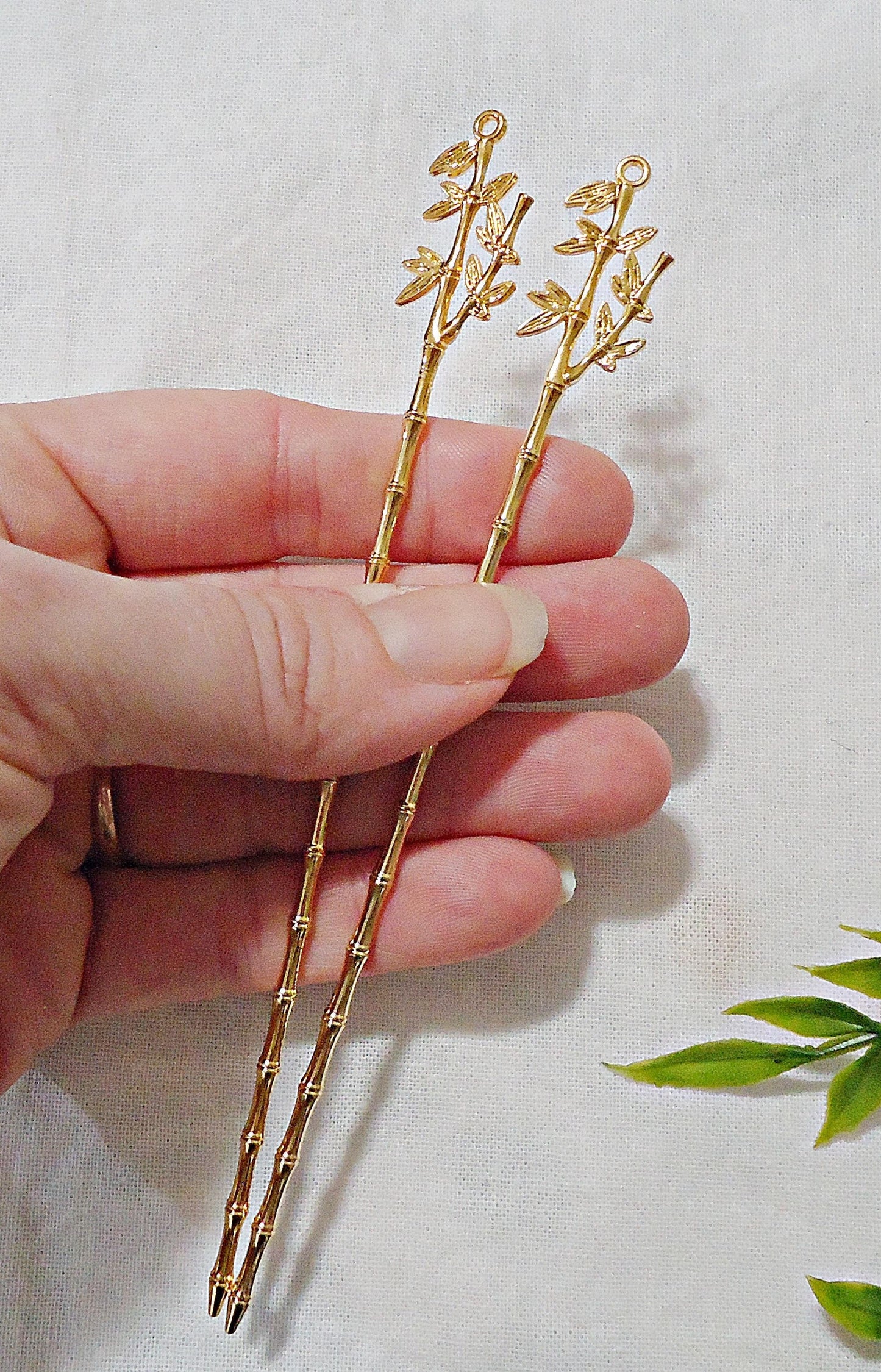 Bamboo Stem and Leaves Metal Hair Stick Blanks, 5.5 Inches Long, Bright Silver or Gold, Loop on Top for adding embellishments