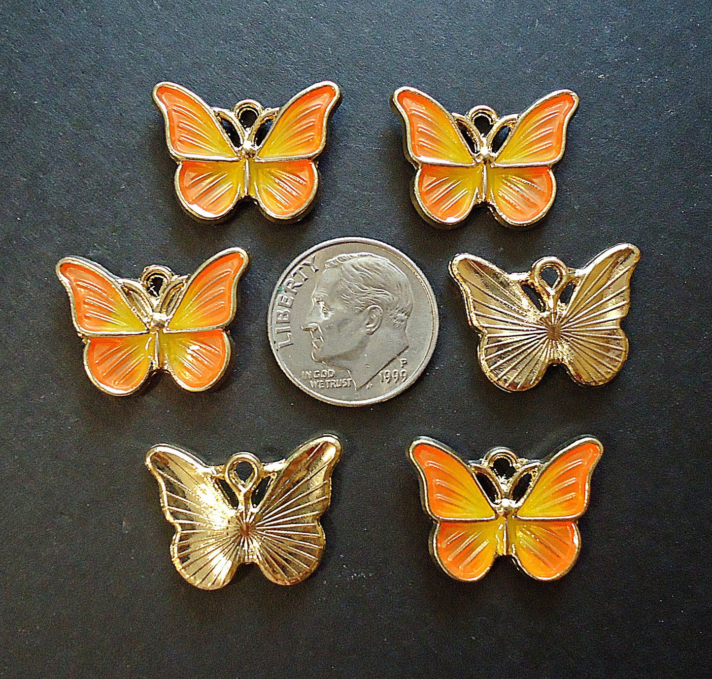 Butterfly Charms / Pendants, Orange Yellow and Gold, Enameled, 20mm x 15mm