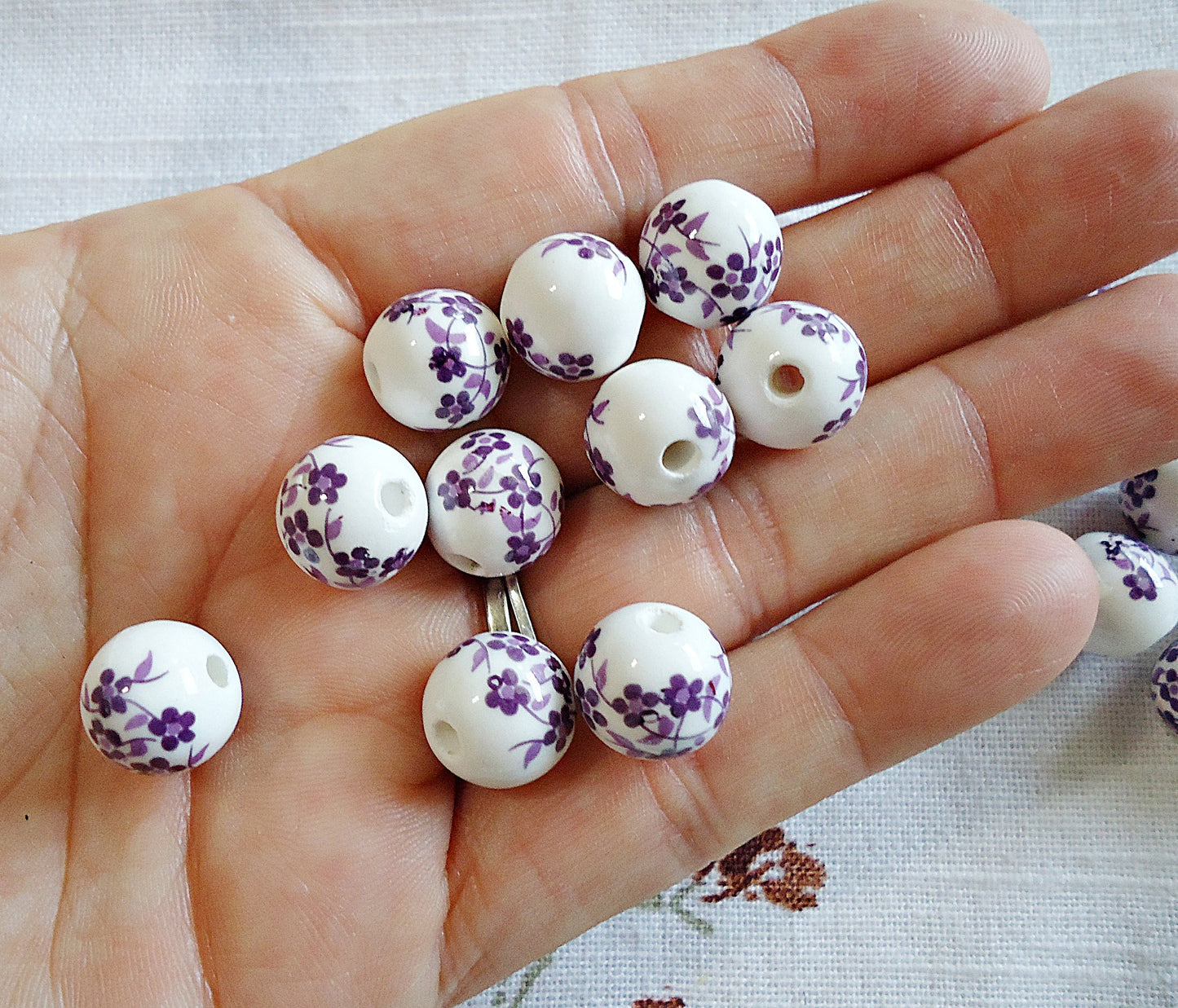 Porcelain Beads - 12mm Round - White Beads with Purple or Blue Flowers