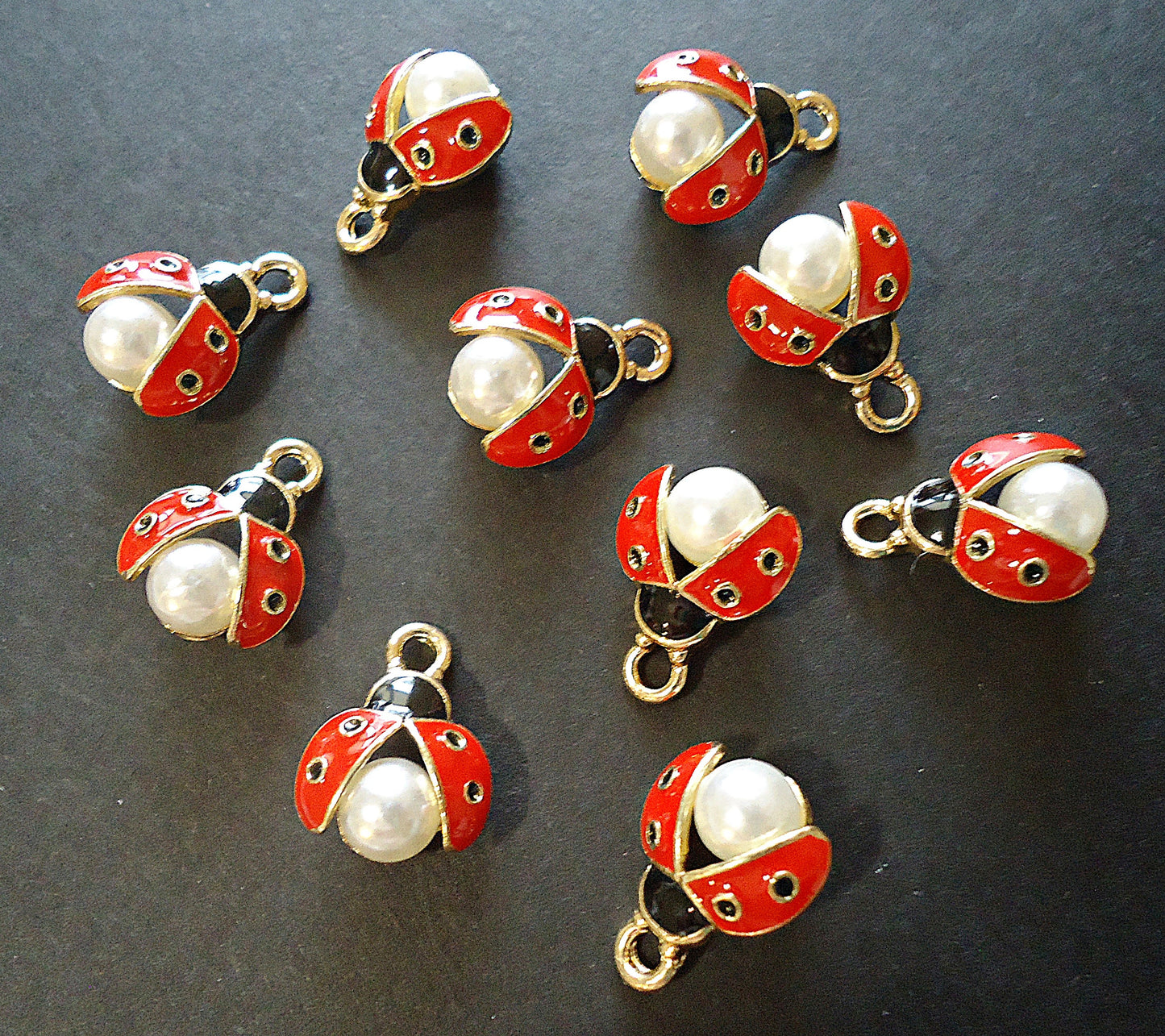 Ladybug Charms, Open Wings with White Pearl, Enameled, Gold, Red, Black, White, Set of 10