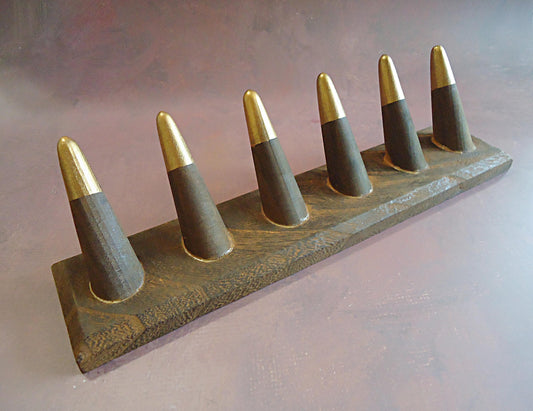 Wooden Ring Display, 6 Finger Ring Cones, 11" Wide, Natural with White Tips, Dark Brown with Metallic Bronze Tips