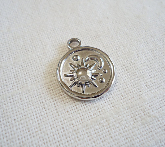 Sun and Moon Pendant Charm, Stainless Steel, 5/8" Wide