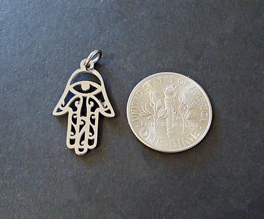 Small Stainless Steel Hamsa Pendant Charm, Fatima, Hand of God, 21mm Tall x 17mm Wide, Silver