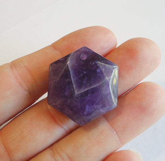 Natural Amethyst Faceted Hexagon Pendant - 28mm Tall x 25mm Wide x 9.5mm Thick