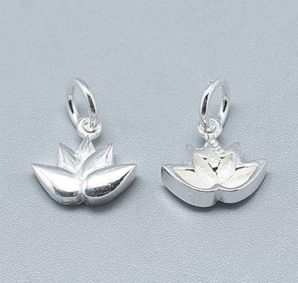 Small Sterling Silver Lotus Charms, 10mm Wide, on Soldered Jump Ring