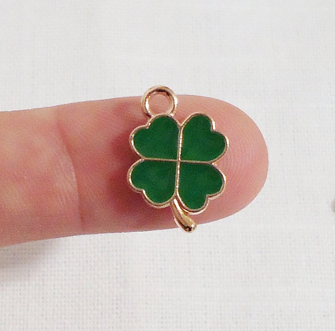 Four Leaf Clover Charms, Green Enameled and Light Gold, 1/2" Wide, Set of 10