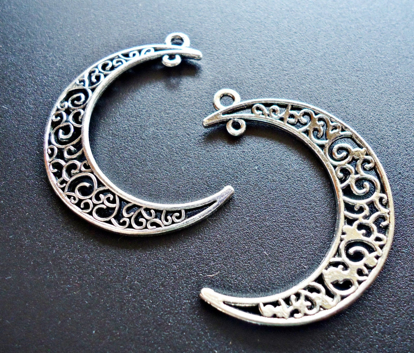 Large Crescent Moon Pendants with 2 Loops - Antique Silver - 1.5" Tall
