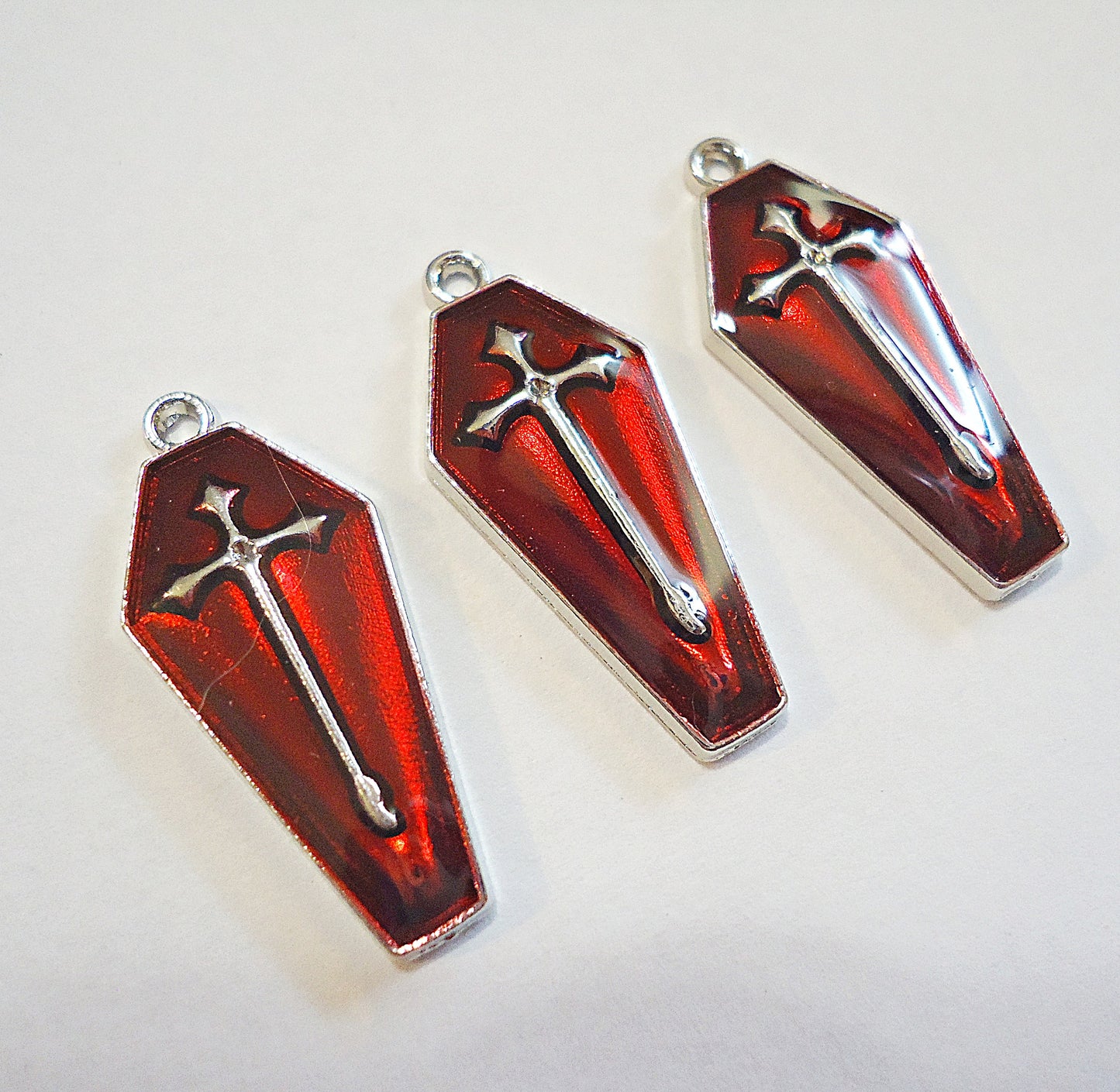 Coffin Charms / Pendants, Enameled Red and Silver or Gold, 26mm Tall, Halloween Theme, Set of 5