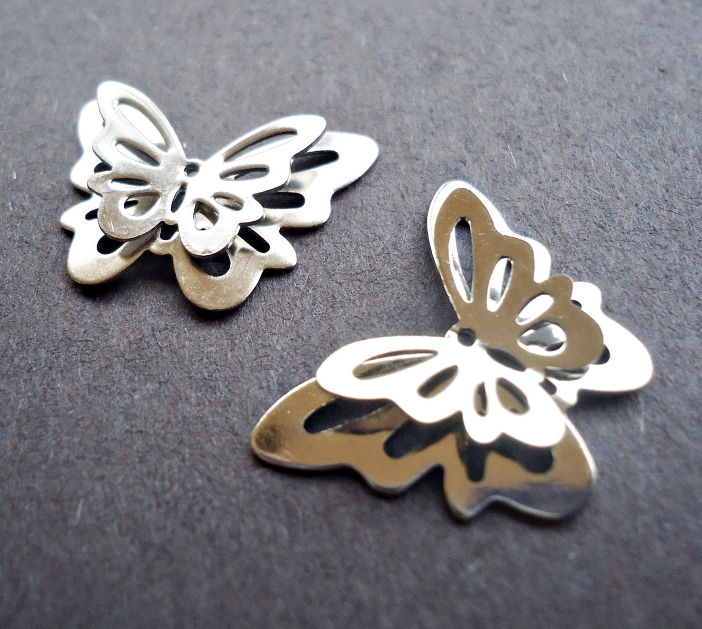 Stainless Steel 3D Butterfly Pendants / Links - Silver Color - Set of 5