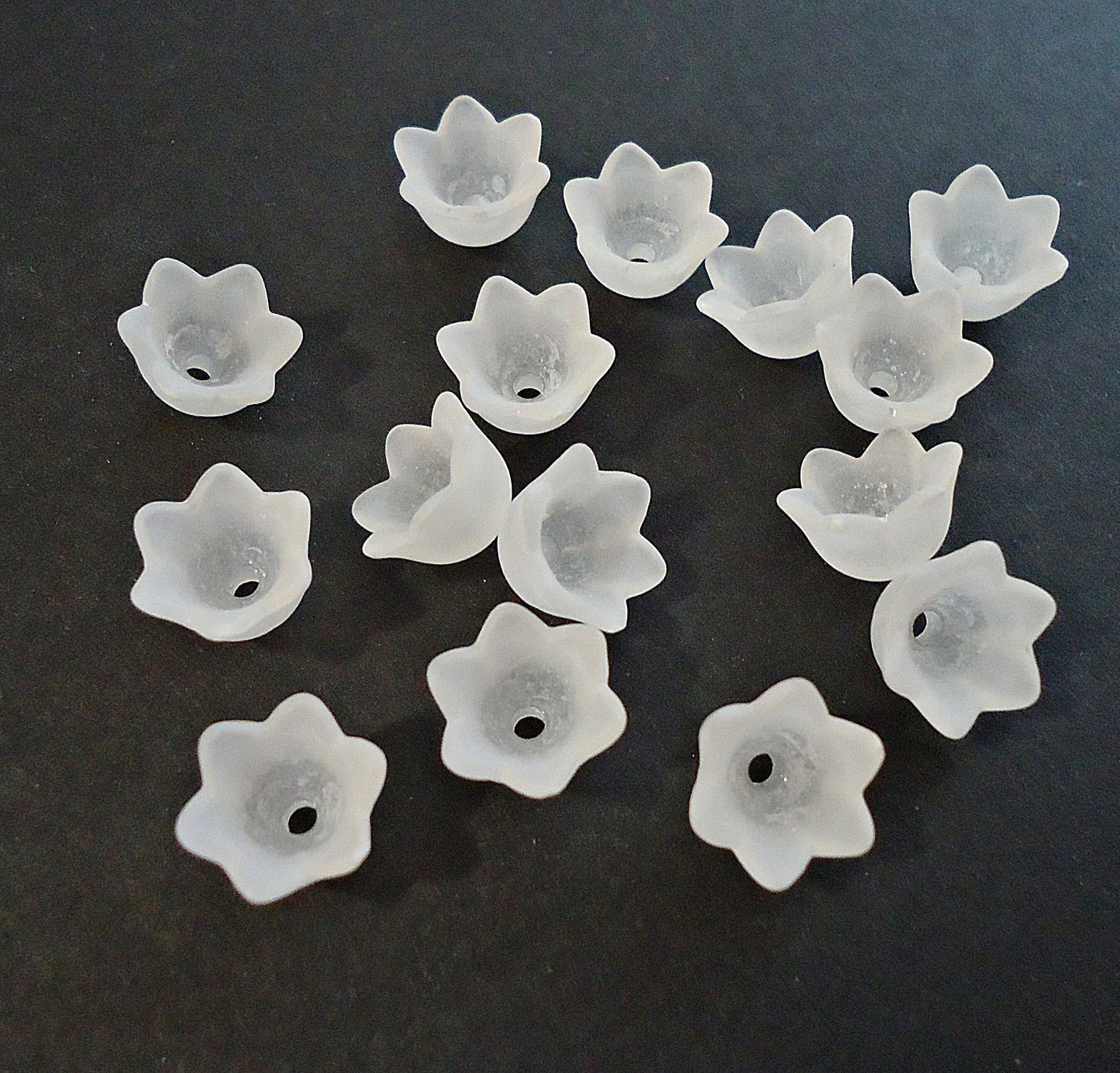 Frosted Acrylic Flower Bead Caps, 10x6mm, Sea Foam Green, Blue, Purple, Magenta Pink, White, Brown, Lily of the Valley, Tulip, Set of 50