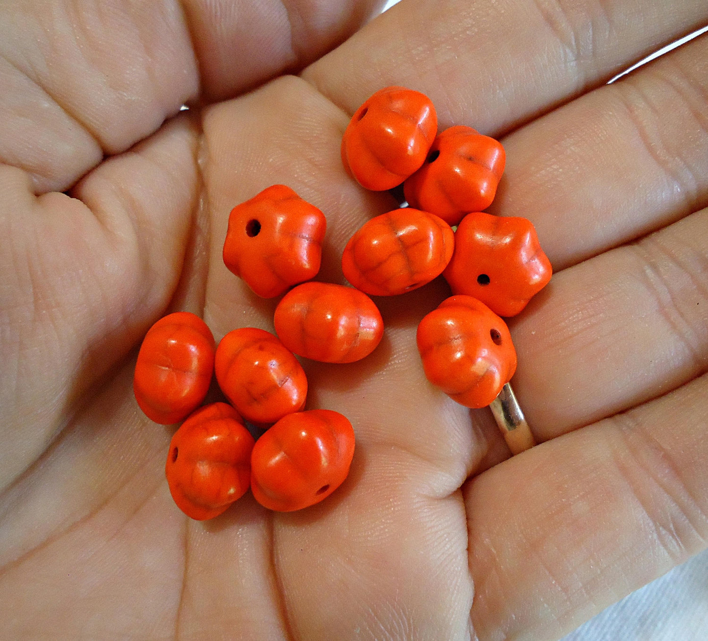 Small Dark Orange Pumpkin Beads, Fluted Stone Beads, 12x8mm, Halloween