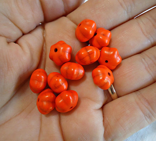 Small Dark Orange Pumpkin Beads, Fluted Stone Beads, 12x8mm, Halloween