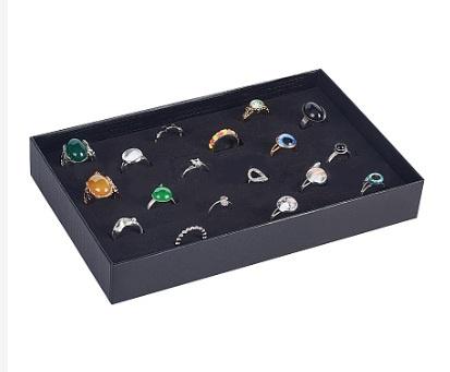 Paper Ring Box Storage Display with Clear Lid, Black, 36 Ring Slots, Stud Earring Holder Box Display, 8.5" x 5.5", Velour Flocked Ring Pad