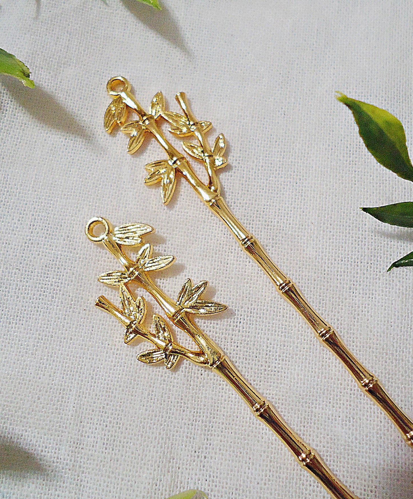Bamboo Stem and Leaves Metal Hair Stick Blanks, 5.5 Inches Long, Bright Silver or Gold, Loop on Top for adding embellishments