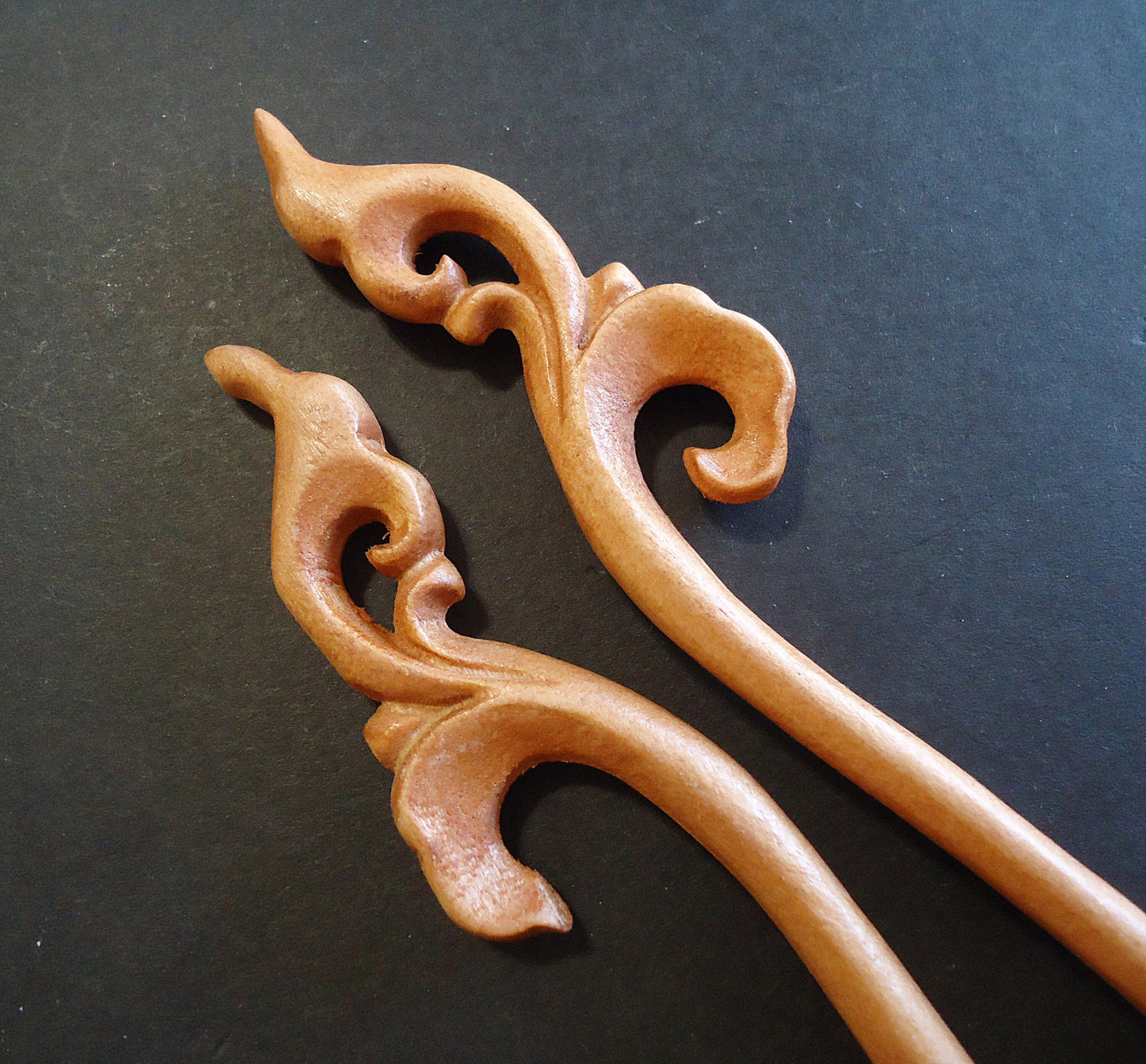 Seven Inch Sturdy Wooden Hair Sticks, Carved, Leaves, Flowers, Celtic Knots, Calla Lilies, Light Color Wood