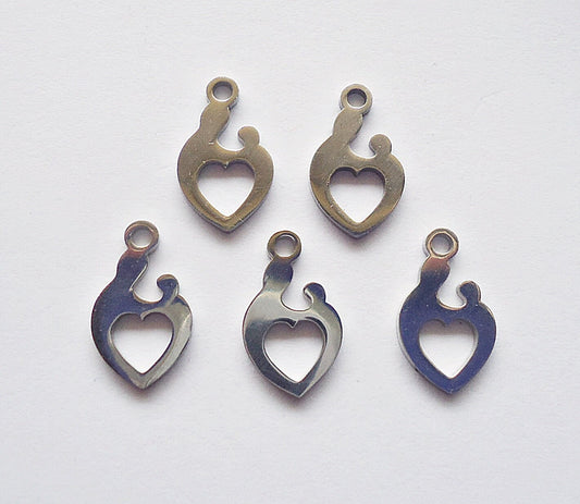 Small Stainless Steel Mother and Baby Heart Charms - 14mm x 9mm - Sets of 10