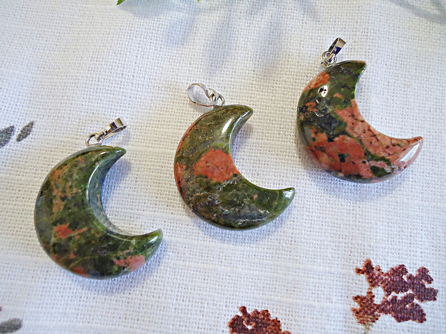 Stone Crescent Moon Pendants, Quartz, Labradorite, Lapis Lazuli, Unakite, Tiger Eye, 1 inch Tall