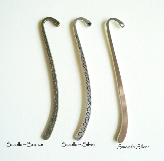 10 Small Bookmark Blanks, Smooth Silver, Bronze Scrolls, Silver Scrolls, 3.25" Long, 84mm
