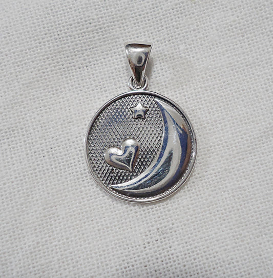 Sterling Silver 'I Love You To the Moon and Back' Charm/Pendant, Moon, Heart, Star, Oxidized