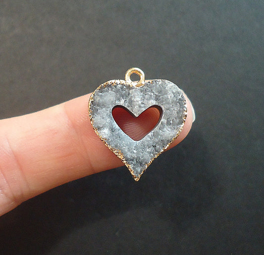 Natural Druzy Heart Pendant, Gold Trim, Cut Stone, Gray