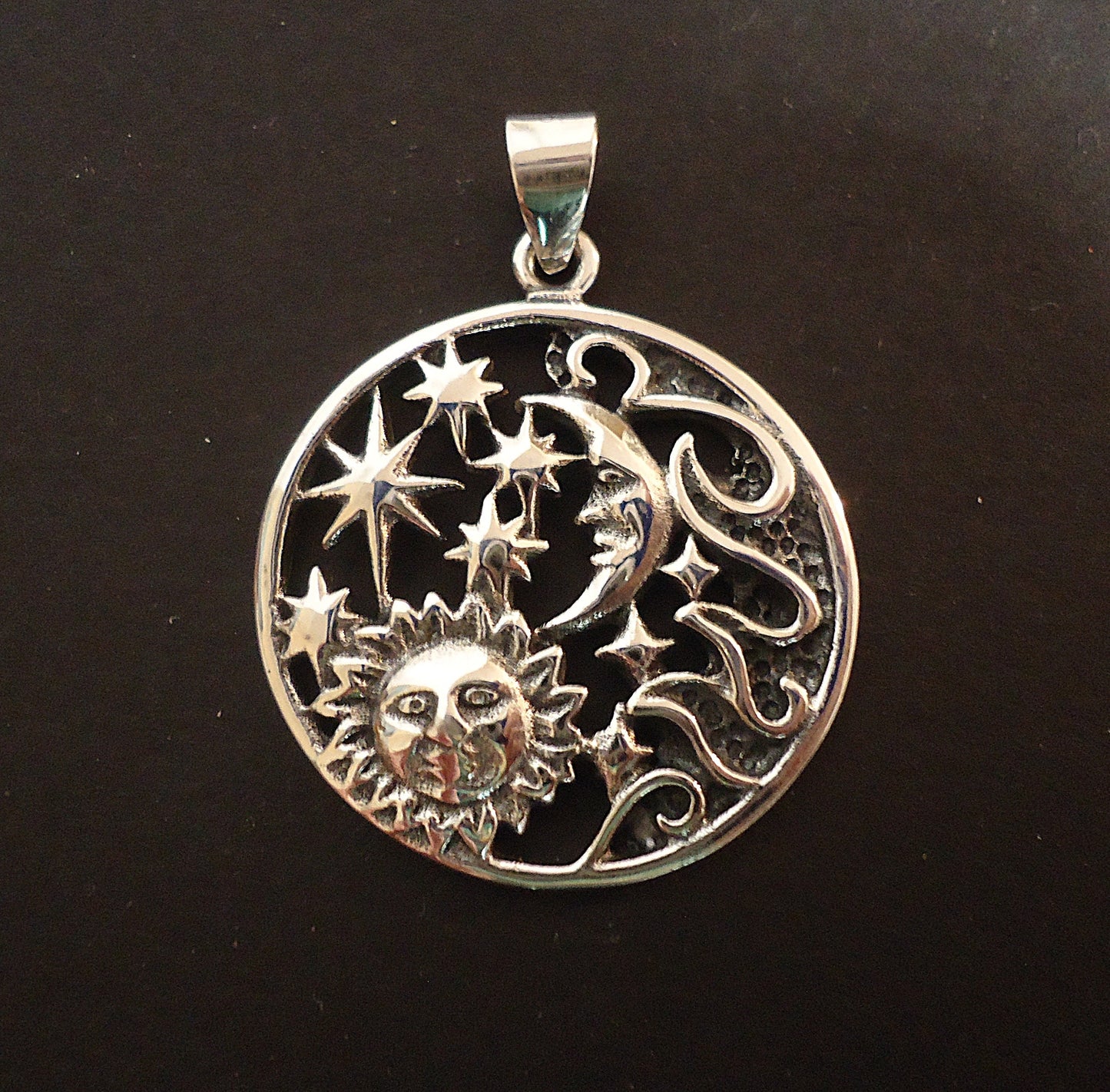 Sterling Silver Earth Elements Pendant, 1 inch Wide (26mm), Sun Moon Stars Wind Sky