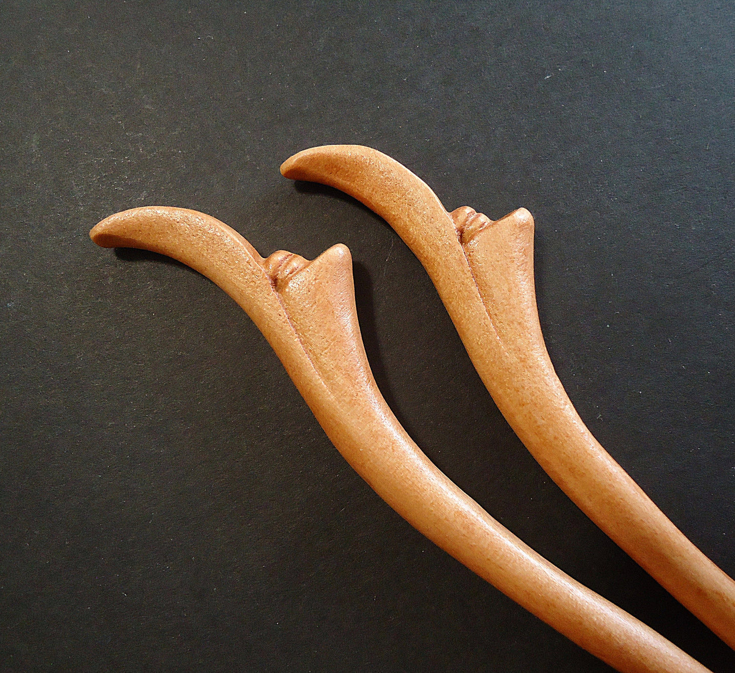 Seven Inch Sturdy Wooden Hair Sticks, Carved, Leaves, Flowers, Celtic Knots, Calla Lilies, Light Color Wood