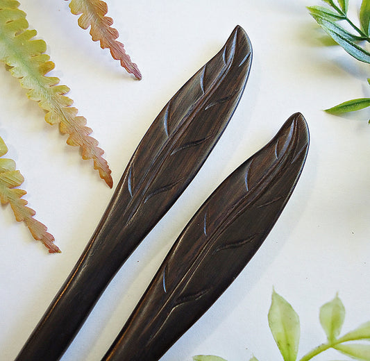 Carved Wooden Leaf Hair Stick, Dark Brown, 7" long